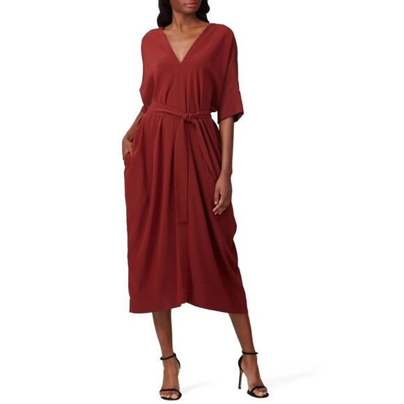 CO Red Belted Midi Dress Size Medium - Picture 1 of 4